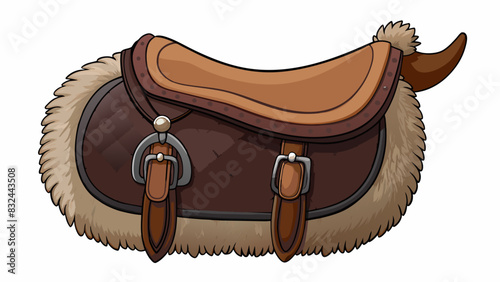 A saddle The saddle is made of dark brown leather and is padded with soft fur for comfort. It has a curved seat and high pommel and cantle for a. Cartoon Vector.