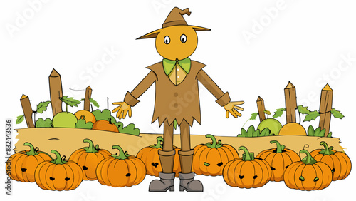 A scarecrow stands tall in a field its tattered clothes flapping in the gentle breeze guarding rows of plump pumpkins.. Cartoon Vector.