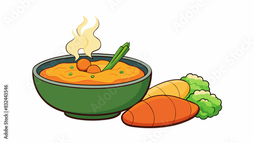 A savory lunch A steaming bowl of thick vegetable soup filled with chunky carrots celery and other colorful veggies. A warm crusty roll sits on the. Cartoon Vector.