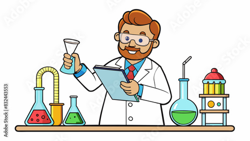 A scientist is determined to undertake an experiment to test a new hypothesis. He gathers all the necessary equipment carefully measuring out precise. Cartoon Vector.