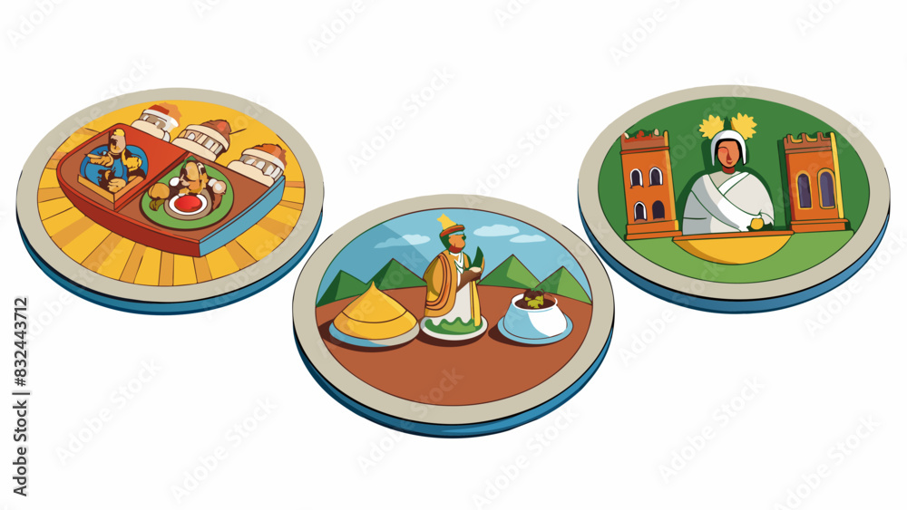 A set of delicately painted ceramic plates each depicting scenes and stories from a cultural legend or myth. The images and symbols hold cultural. Cartoon Vector. A set of delicately painted ceramic plates each depicting scenes and stories from a cultural legend or myth. The images and symbols hold cultural. Cartoon Vector.