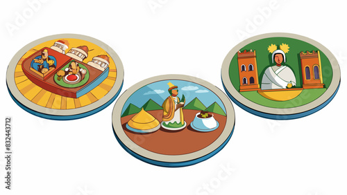 A set of delicately painted ceramic plates each depicting scenes and stories from a cultural legend or myth. The images and symbols hold cultural. Cartoon Vector.