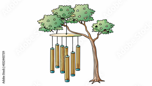 A set of wind chimes hanging from a tree creating a melodic sound with each gentle breeze. The chimes represent the belief in the power of nature and. Cartoon Vector.