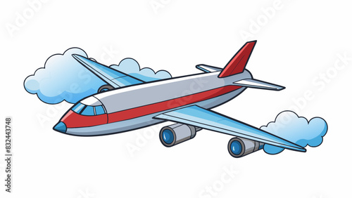A shiny metallic airplane soared high in the sky its wings slicing through the fluffy clouds as it headed towards its unknown destination.. Cartoon Vector.