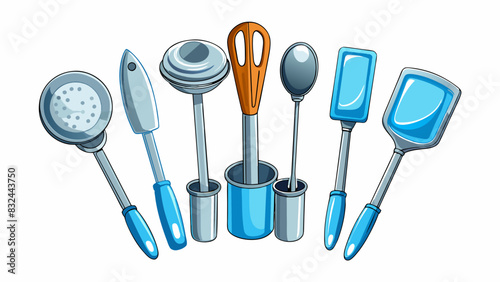 A set of sleek stainless steel kitchen utensils with a bright polished finish. They are strong and sy able to withstand high temperatures and repeated. Cartoon Vector.