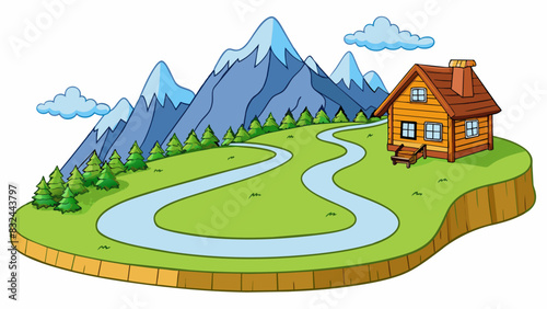 A short winding road that leads to a wooden cabin nestled a the mountains.. Cartoon Vector.