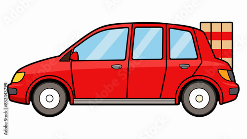 A shiny new car with four doors all painted a vibrant red. The fourth door revealed a spacious trunk perfectly suited for storing groceries or luggage. Cartoon Vector.