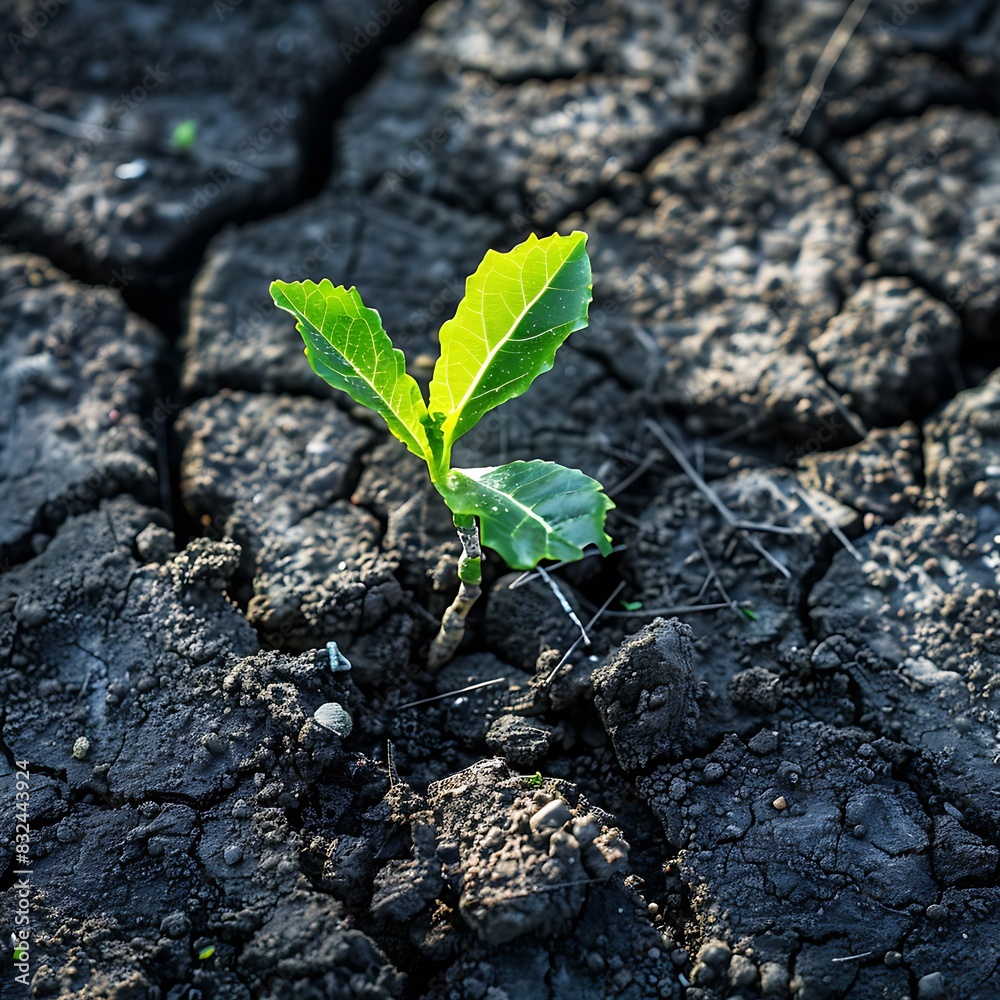 A tiny sprout with delicate green leaves pushes through the soil in a springtime garden A tiny sprout with delicate green leaves pushes through the soil in a springtime garden