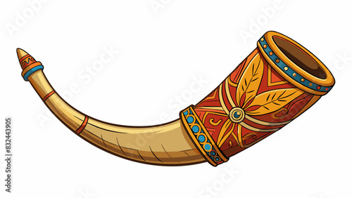 A silvertipped traditional Sami reindeer horn used for drinking hot lingonberry juice. The intricate carvings on the surface depict scenes from Nordic. Cartoon Vector.