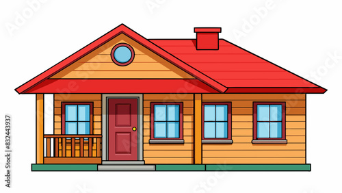 A singlestory house with a red roof a wooden porch and only two windows.. Cartoon Vector.