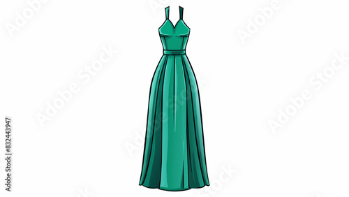 A sleek and modern maxi dress made of a silky material in a deep shade of emerald green. The dress features a halter neckline and a slit at the thigh. Cartoon Vector.