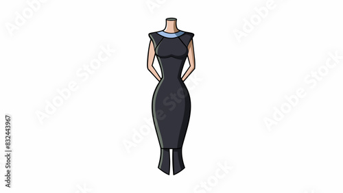 A sleek and elegant little black dress made of formfitting material that hugs the silhouette. The dress features a high neckline and a subtle slit at. Cartoon Vector.
