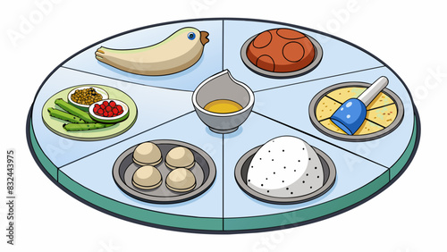A simple seder plate a round dish divided into six sections holding different symbolic foods such as bitter herbs salt water and a roasted egg. In the. Cartoon Vector.
