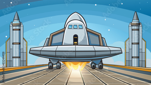 A sleek silver spaceship rests on the launchpad its polished exterior gleaming in the sunlight. The powerful engines hum with anticipation as the. Cartoon Vector.