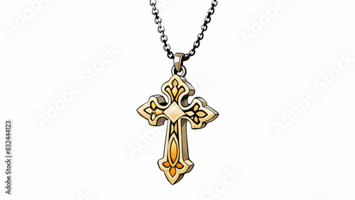 A small cross pendant hangs from a delicate silver chain glinting in the dim light of a church. Its intricate design and delicate details represent. Cartoon Vector.