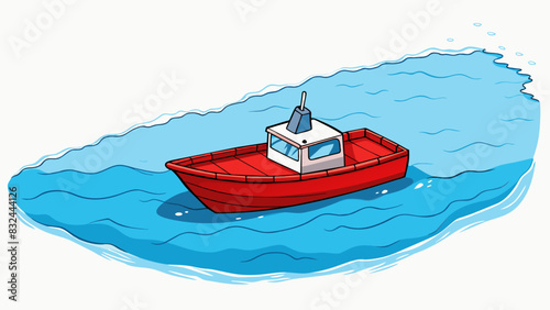 A small boat bobs in the middle of a vast ocean with no land in sight. Its bright red paint is chipped and faded evidence of its long and solitary. Cartoon Vector.