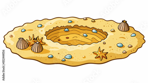 A small deep hole in the sand on the beach filled with tiny seashells and surrounded by a series of intricate footprints.. Cartoon Vector.