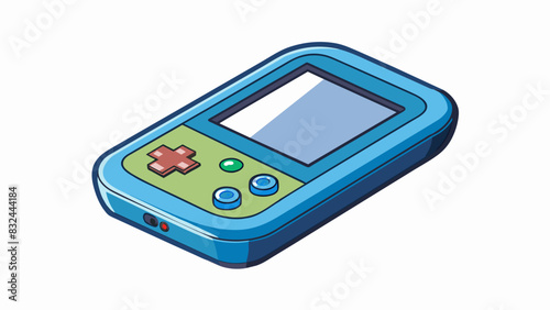 A small handheld device with a glowing screen displaying various icons and symbols. The device has a smooth plastic casing and fits comfortably in. Cartoon Vector.