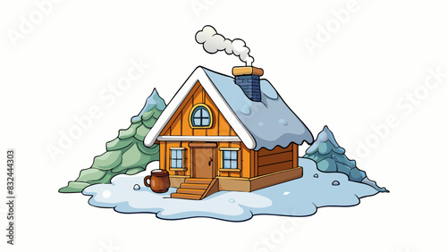 A small rustic cabin sits atop a snowcovered mountain. Smoke billows out of the chimney and the only sound is the peaceful crunch of snow under each. Cartoon Vector.