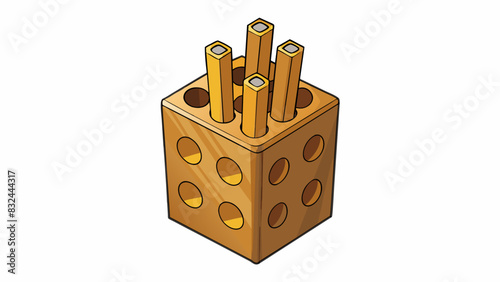 A small wooden rectangular object with six evenly spaced holes along the top. It has a rough unfinished surface and is used to hold pencils pens and. Cartoon Vector.