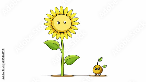 A small seed growing into a tall sunflower showing the proportional growth of the plant.. Cartoon Vector.