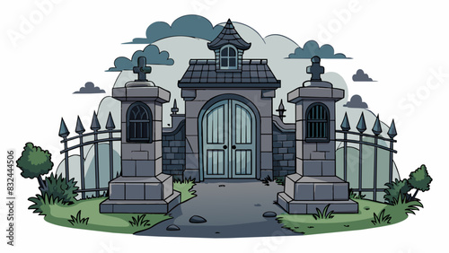 A spooky atmosphere with dark heavy fog enveloping an old abandoned mansion. The moon hangs low in the sky casting eerie shadows on the overgrown. Cartoon Vector.