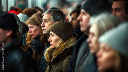 A crowd of people is standing in line. Waiting for transport at a bus stop. Close-up