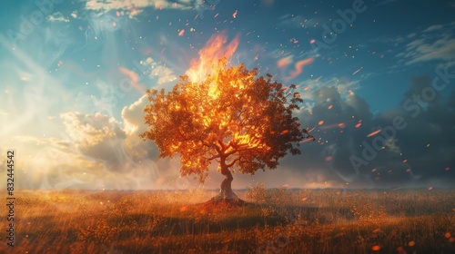 tree on fire in a meadow in high resolution photo