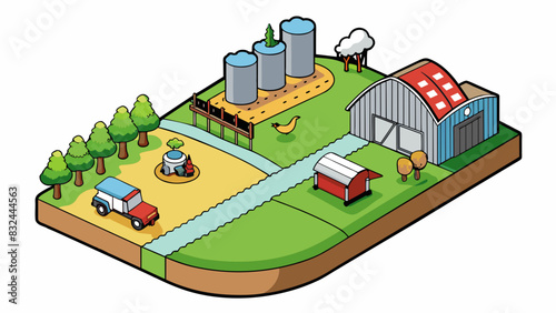 A sprawling agricultural farm with fields of crops and livestock. The manufacturer produces organic and sustainable products using environmentally. Cartoon Vector.