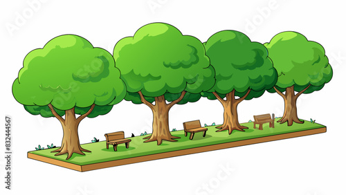 A sprawling lush garden with four tall sy oak trees standing in a row. The fourth tree had the largest trunk its gnarled bark creating a cozy nook for. Cartoon Vector.
