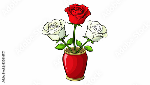 A still life painting of a vase filled with vibrant red roses and a lone white rose. The white rose stands out ast the colorful bunch suggesting that. Cartoon Vector.