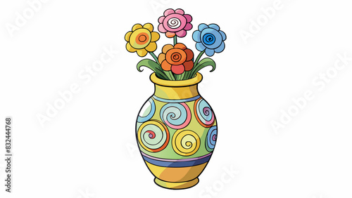 A stilllife painting featuring a vase filled with colorful flowers set against a dark background. The vase has a glossy finish and is adorned with. Cartoon Vector.