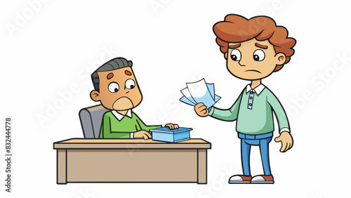 A student is seen approaching the teachers desk with a cled and torn test paper complaining about the difficult and confusing questions asked in the. Cartoon Vector.