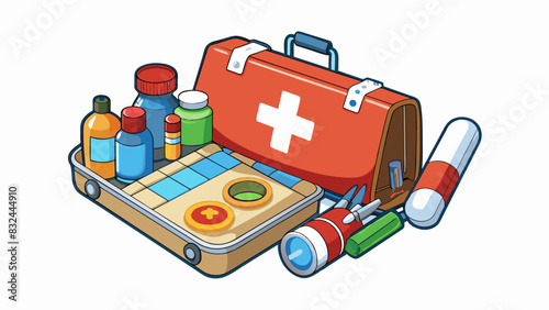 A survival kit is essential for any outdoor adventure containing vital items such as a compass first aid supplies and water purification tablets.. Cartoon Vector.