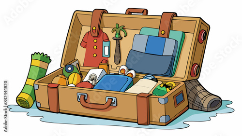 A suitcase sits open on a wooden floor filled to the brim with wellworn clothes and souvenirs collected from different cities and countries. The. Cartoon Vector.