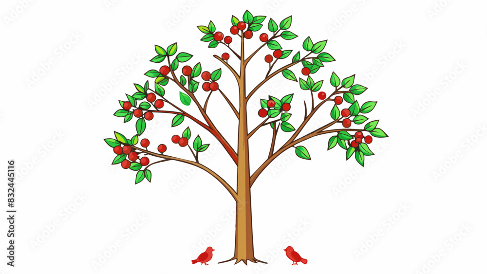 Fototapeta premium A tall slender tree with dark green leaves swaying gently in the breeze. The branches are adorned with shiny red berries and a family of birds can be. Cartoon Vector.
