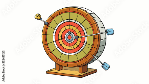 A target is a circular dartboard made of cork and divided into numbered sections. It also has a wire frame in the shape of a wheel surrounding it.. Cartoon Vector.