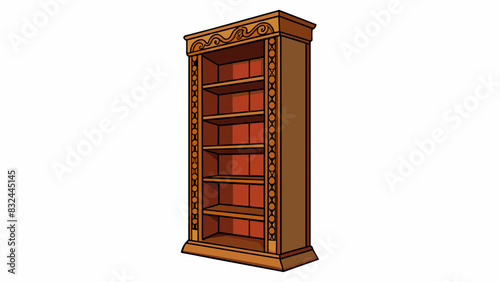 A tall wide bookshelf made of darkbrown mahogany wood. The bookshelf has intricate carvings along the edges and can hold hundreds of books on its. Cartoon Vector.