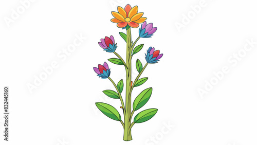 A tall leafy plant with long thin stalks and vibrant colorful flowers. Its delicate petals and velvety leaves make it a beautiful addition to any. Cartoon Vector.