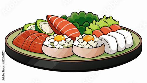 A tantalizing plate of sushi featuring a variety of raw and cooked seafood delicately arranged on a bed of perfectly cooked sticky rice. Accented with. Cartoon Vector.