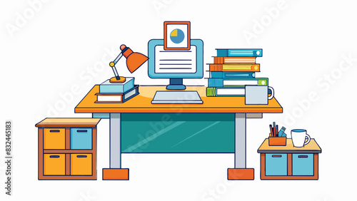 A teachers desk covered in stacks of papers a computer and a phone. This is a common image of administration in an educational setting where teachers. Cartoon Vector.