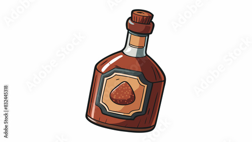A thick heavy corked bottle with a faded label housing a deep mahogany liquid. Its robust aroma hints at flavors of dried fruits and dark chocolate. Cartoon Vector.