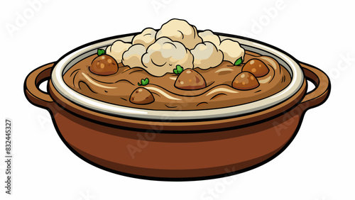 A thick hearty bowl of steaming stovies a traditional Scottish dish is served on a worn wooden table. The mashed potatoes are studded with chunks of. Cartoon Vector.