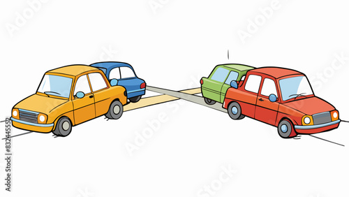 A traffic jam caused by two cars trying to merge into the same lane honking their horns and refusing to let each other pass.. Cartoon Vector.