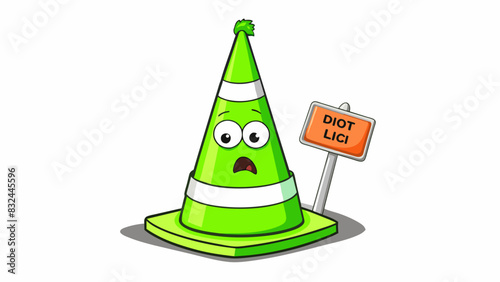 A traffic cone painted bright green with a sign reading idiot hat taped to the top. Despite its unconventional appearance it cannot be worn and serves. Cartoon Vector.