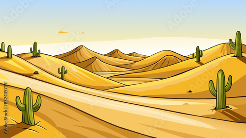 A vast expanse of golden sand dunes stretched as far as the eye could see undulating in the soft glow of the setting sun. The warm desert air was. Cartoon Vector.