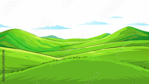 A vast open field of rolling hills stretching as far as the eye can see with vibrant green grass swaying in the gentle breeze.. Cartoon Vector.