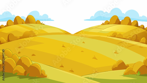 A vast open lot with nothing but gentle rolling hills covered in golden grass creating a breathtaking landscape.. Cartoon Vector.