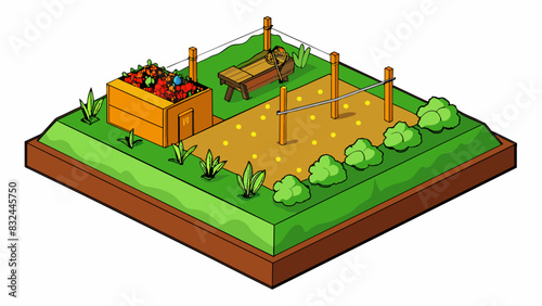 A vegetable patch takes up a corner of the yard with rows of raised garden beds filled with an array of growing vegetables. The rest of the yard is. Cartoon Vector.