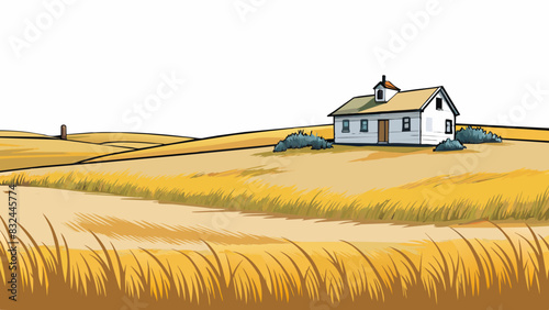 A vast open prairie stretching as far as the eye can see with tall swaying grasses swaying in the wind. In the distance a lone ranch house sits on a. Cartoon Vector.